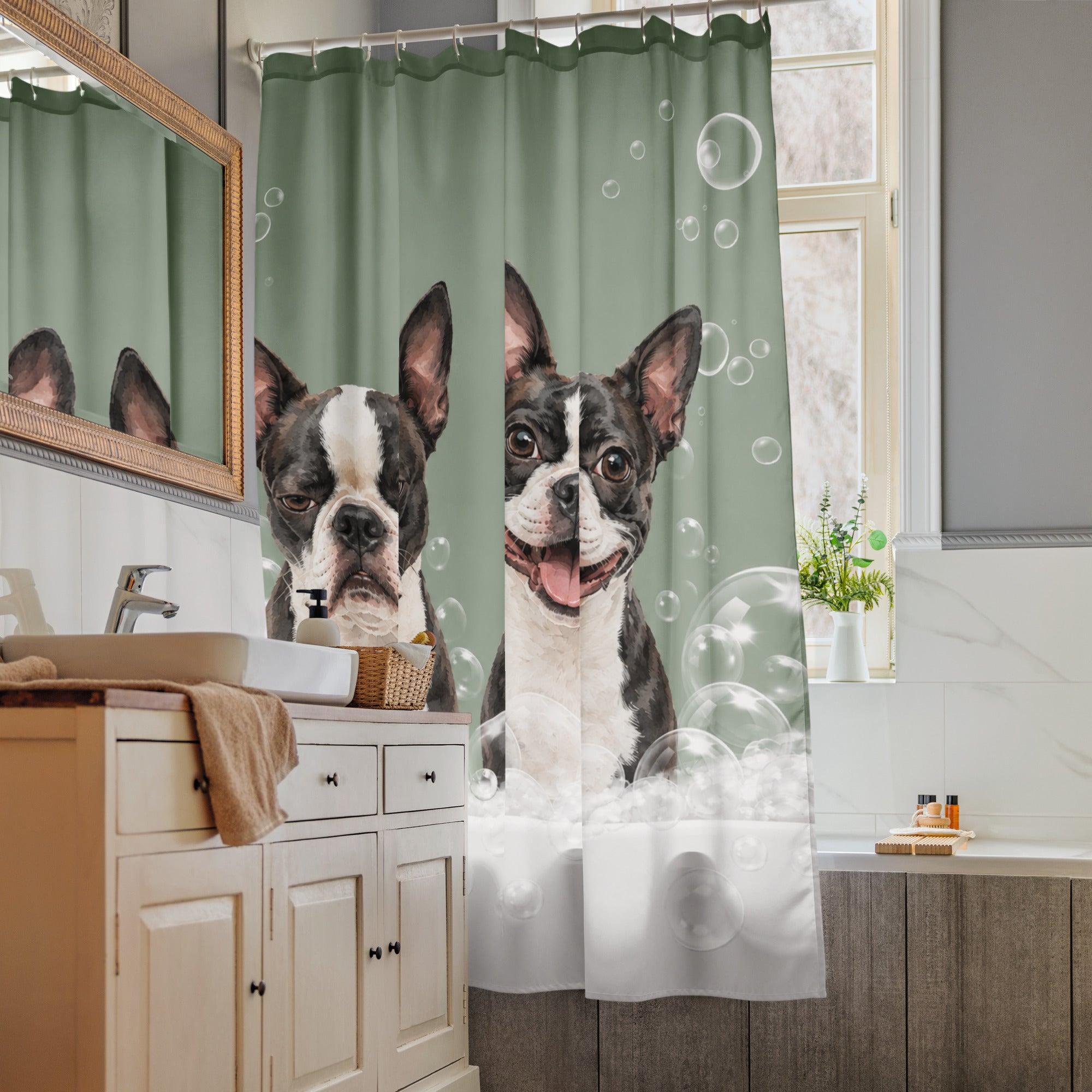 Custom Dog Portrait Bathtub Shower Curtain - Watercolor Art Using Photo(s) For Bathroom .
