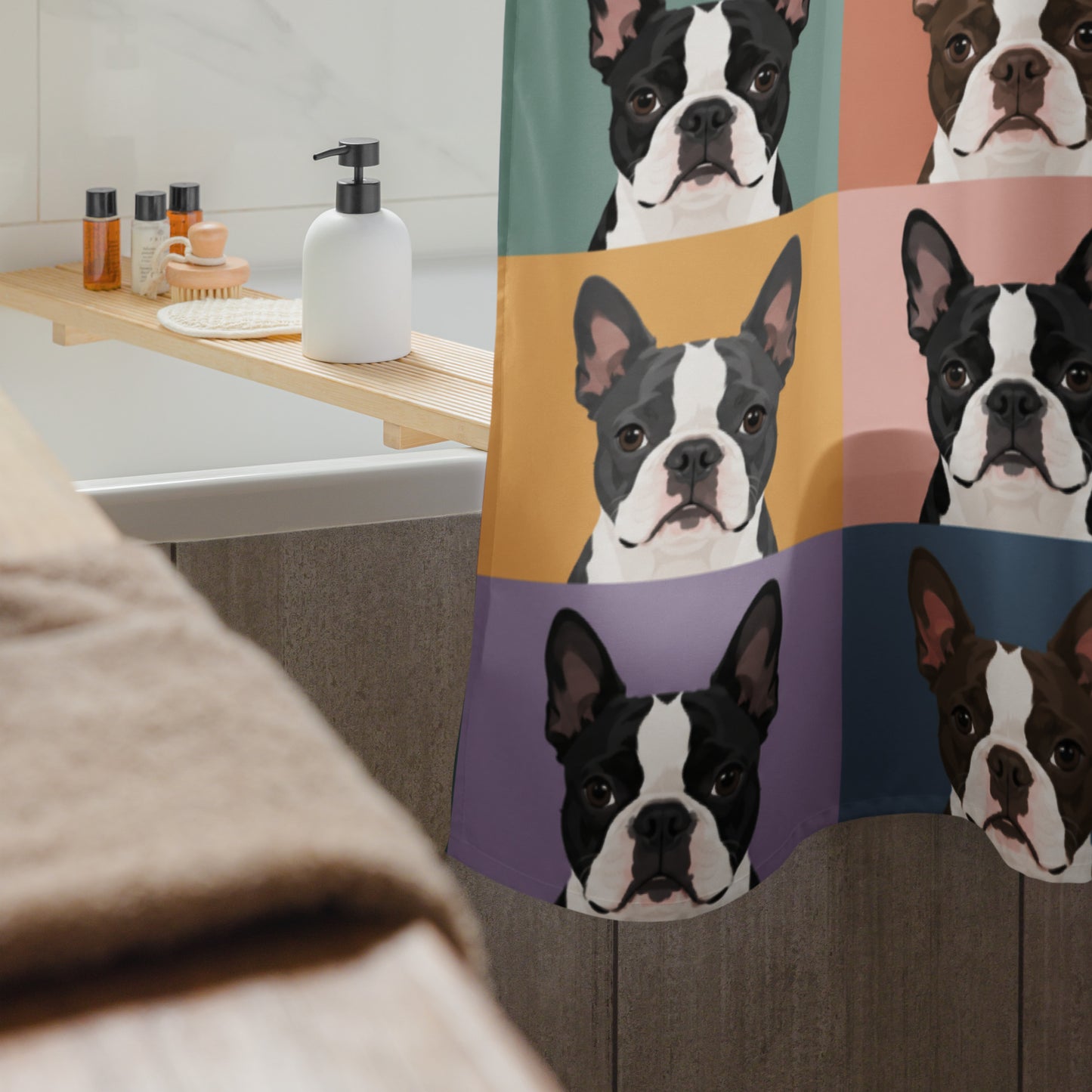 Pop Art Style Colored Boston Terriers Modern Tiles Pattern Shower Curtain .