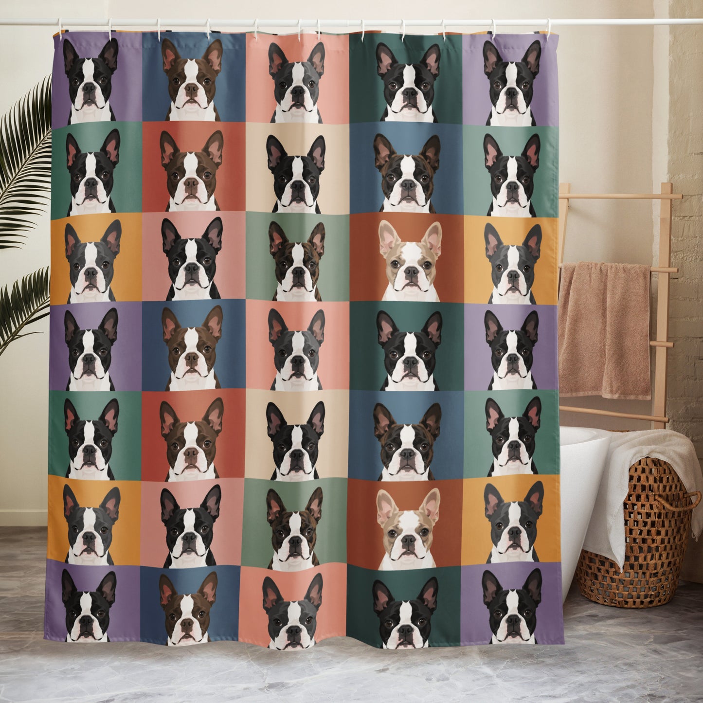 Pop Art Style Colored Boston Terriers Modern Tiles Pattern Shower Curtain .