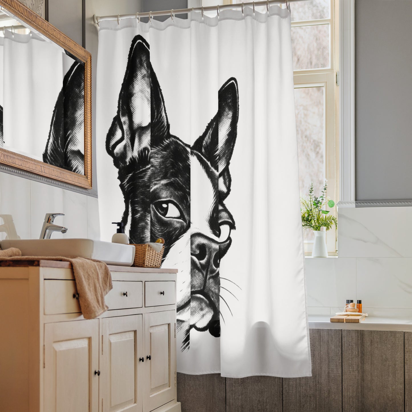 Suspicious Side Eye Boston Terrier Shower Curtain .