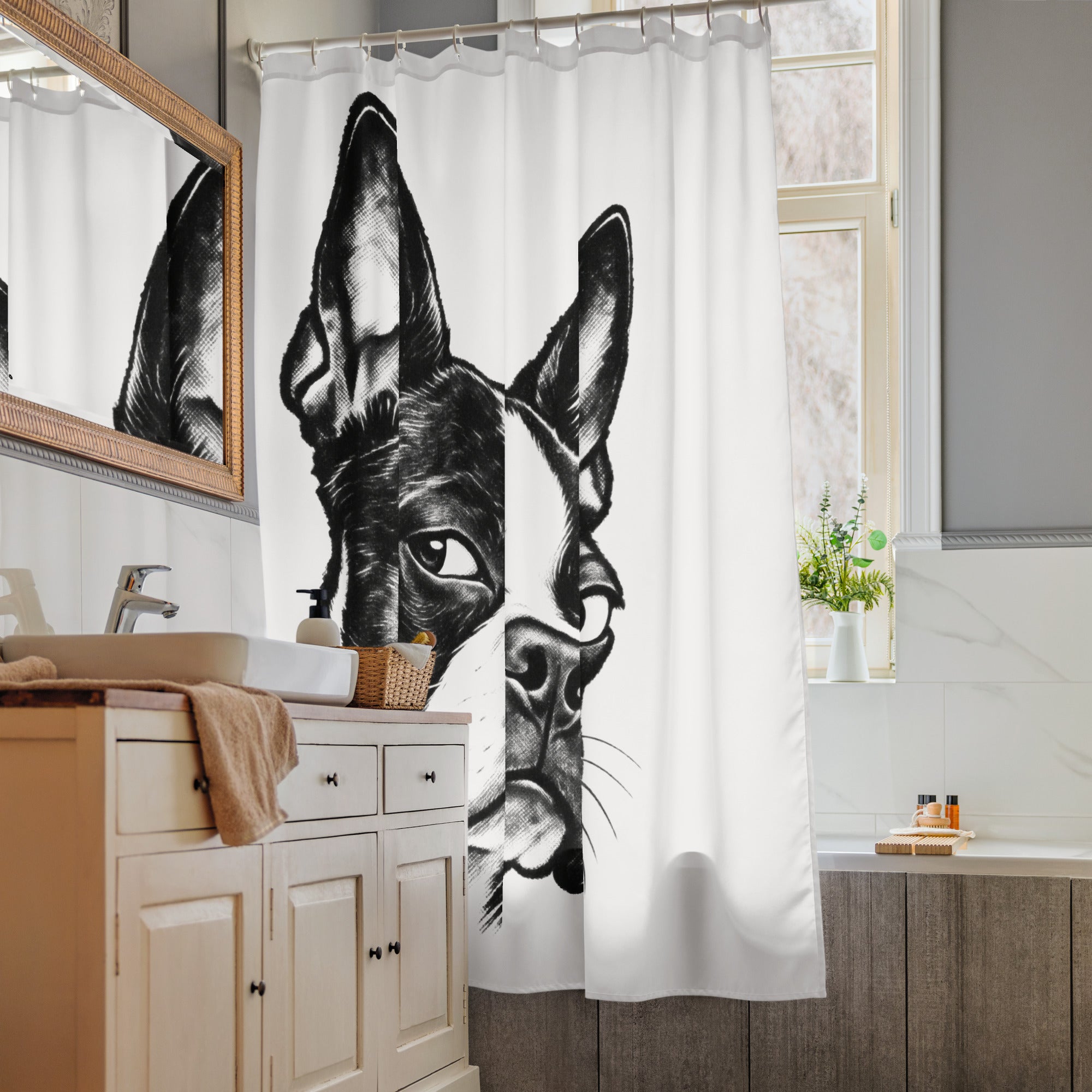 Suspicious Side Eye Boston Terrier Shower Curtain .