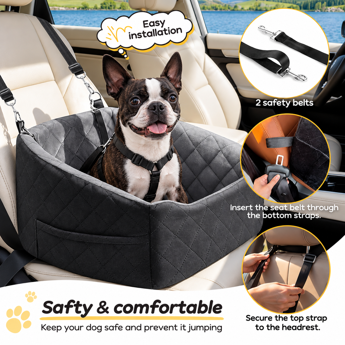 Soft Plush Dog Car Booster Seat – Washable Travel Bed with Safety Belts & Storage Pocket for Small Dogs .
