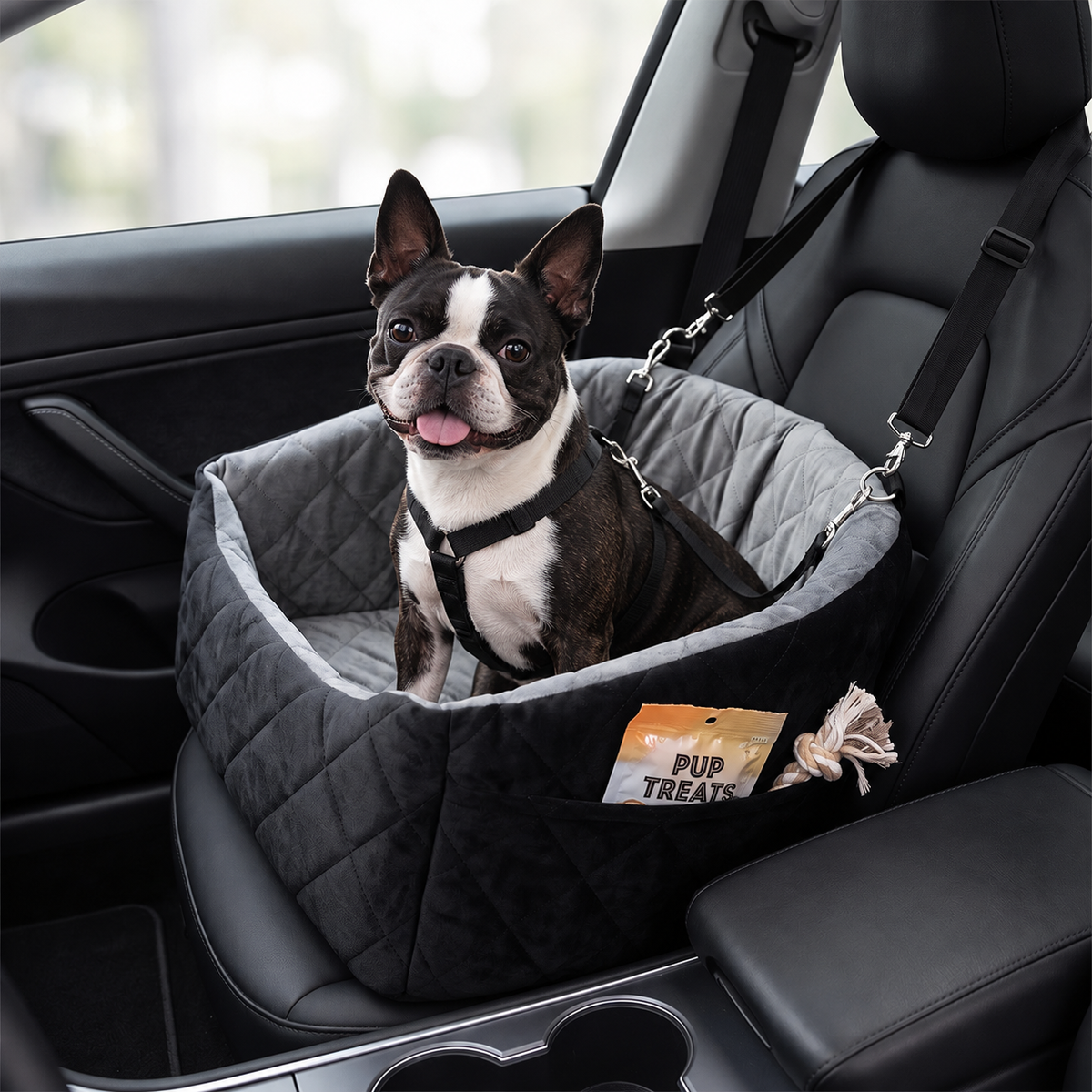 Soft Plush Dog Car Booster Seat – Washable Travel Bed with Safety Belts & Storage Pocket for Small Dogs .
