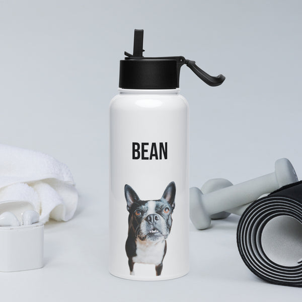 Custom Stainless Steel Water Bottle with a Straw Lid - Custom Water Bottle with Dog Photo and Name