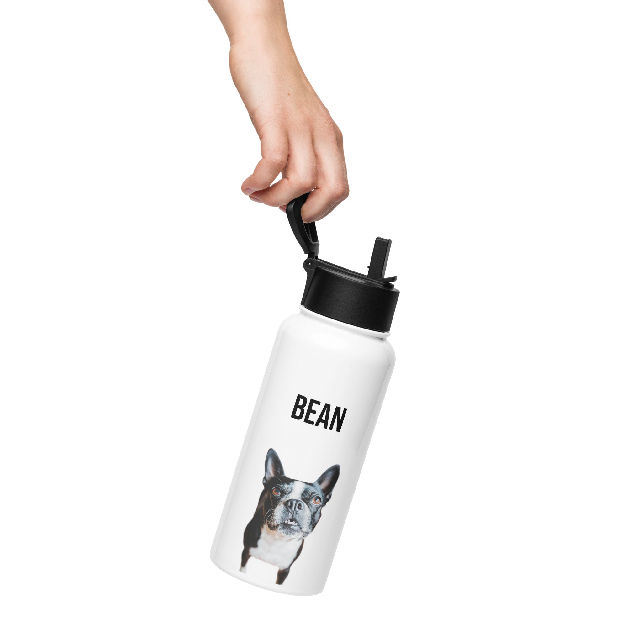 Custom Stainless Steel Water Bottle with a Straw Lid - Custom Water Bottle with Dog Photo and Name