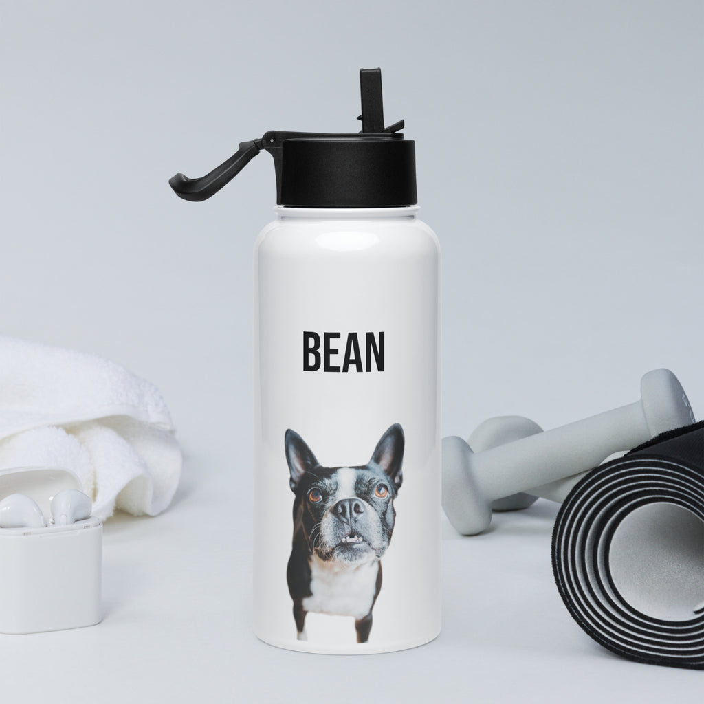 Custom Stainless Steel Water Bottle with a Straw Lid - Custom Water Bottle with Dog Photo and Name