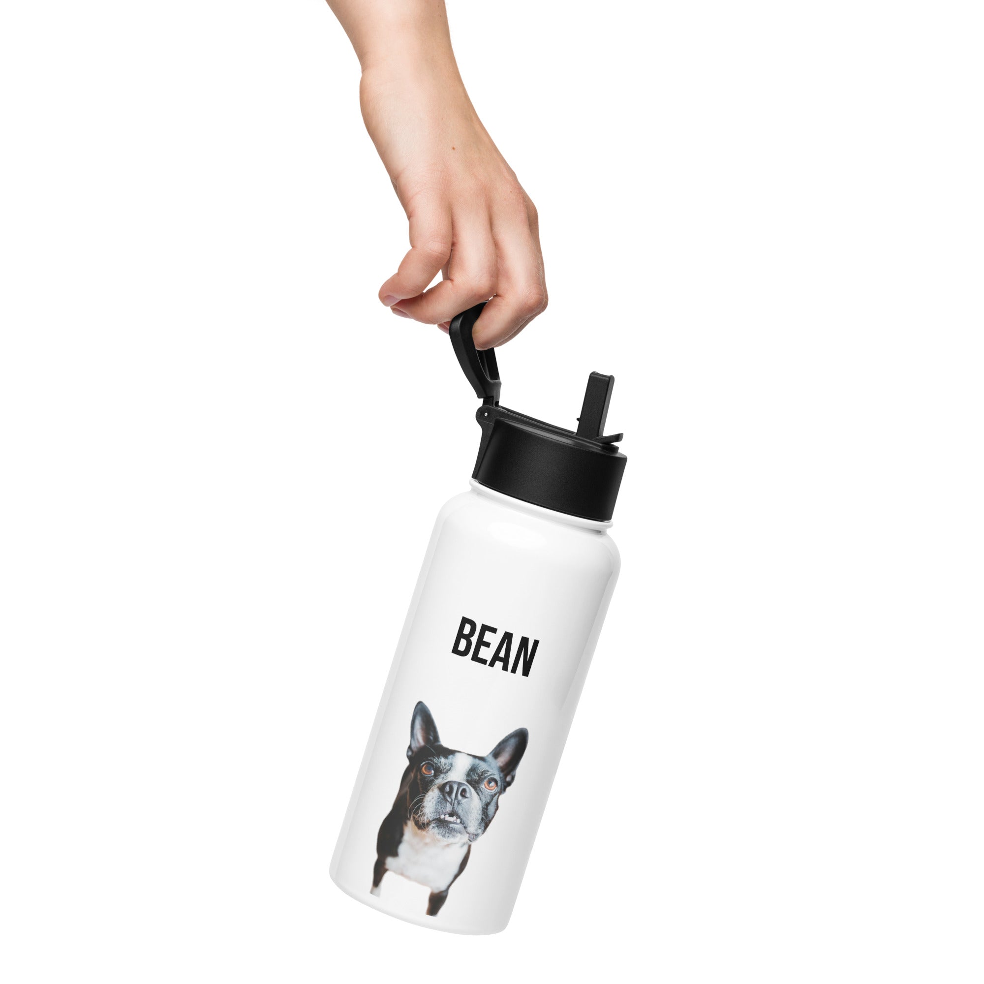 Custom Stainless Steel Water Bottle with a Straw Lid - Custom Water Bottle with Dog Photo and Name