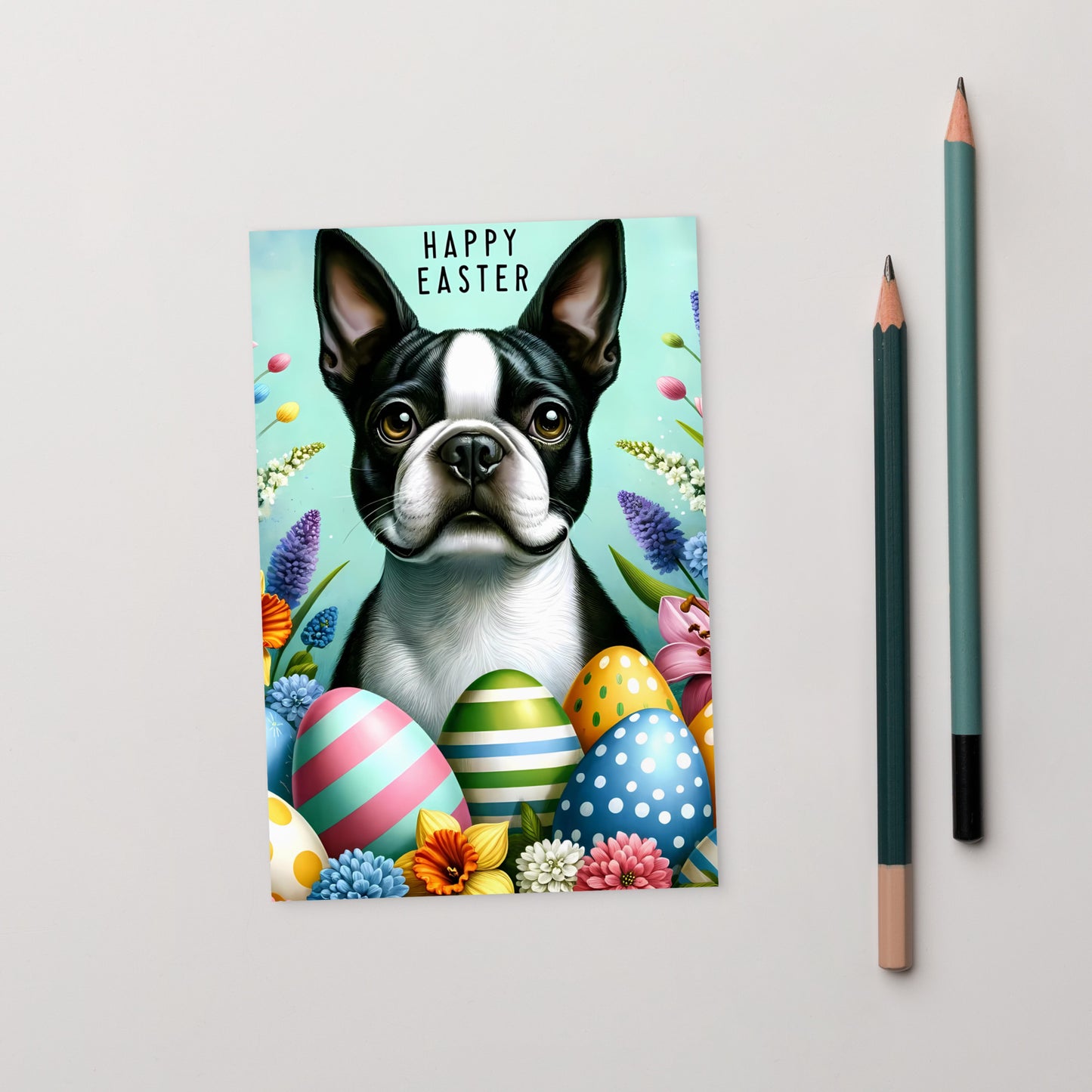 Happy Easter Boston Terrier Standard Postcard - Pastel Blue