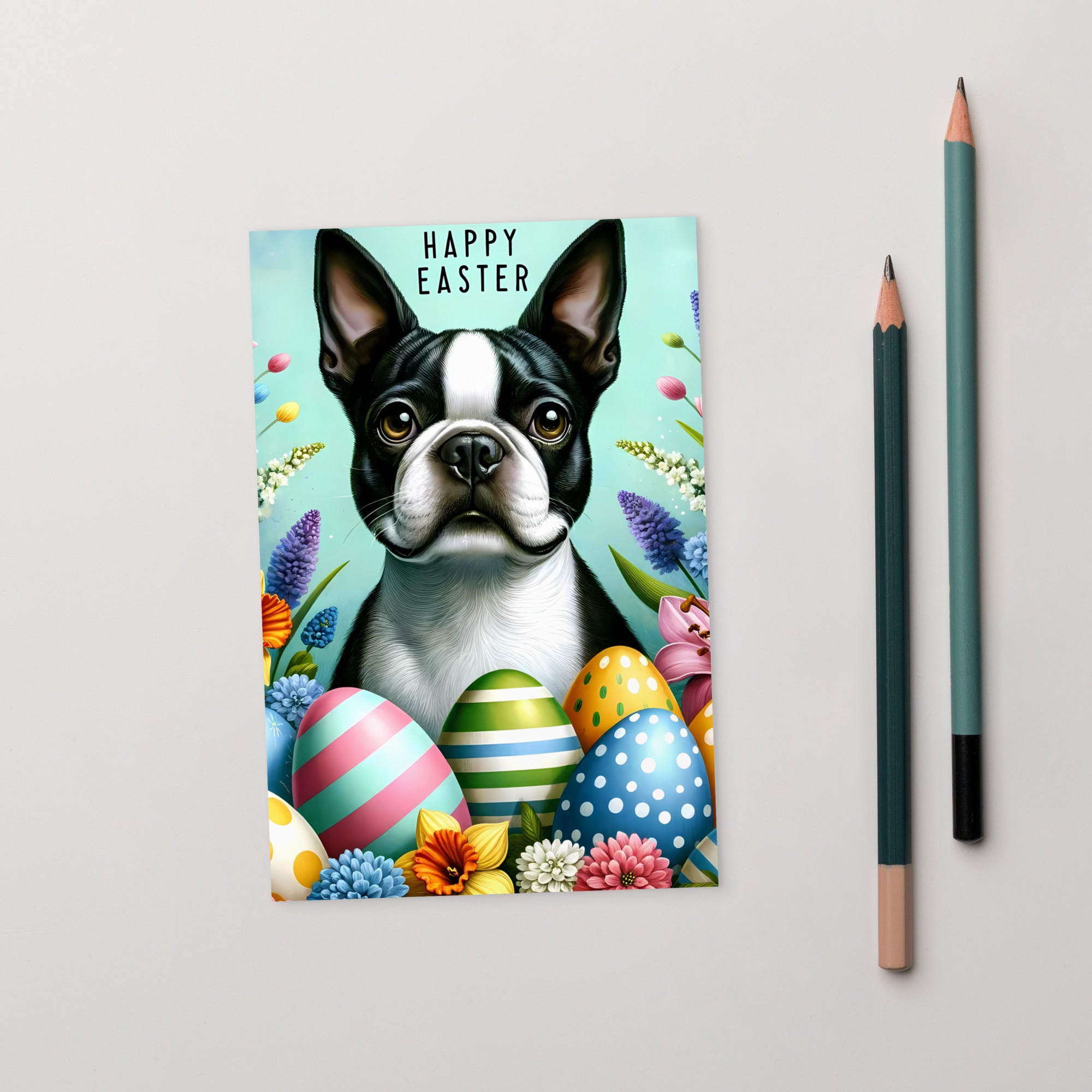 Happy Easter Boston Terrier Standard Postcard - Pastel Blue
