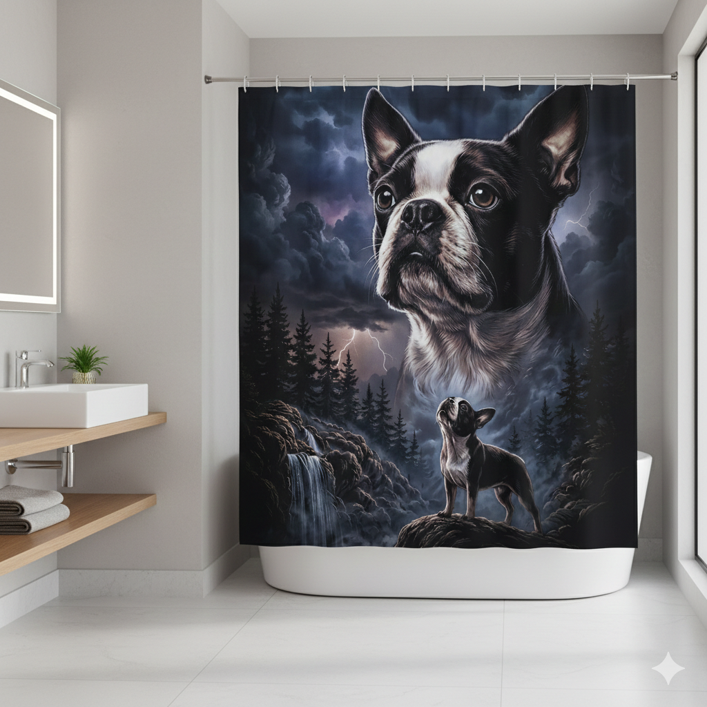 Storm Guardian – Majestic Boston Terrier Night Art Shower Curtain .