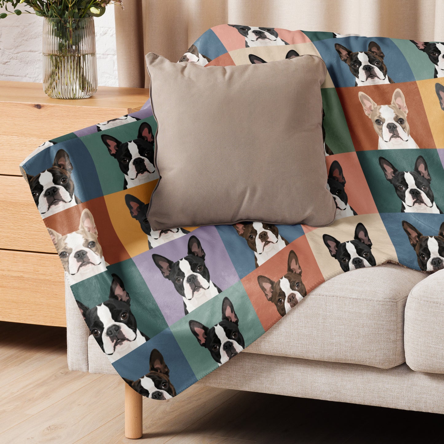 Pop Art Style Colored Boston Terriers Modern Tiles Pattern Sherpa Blanket .