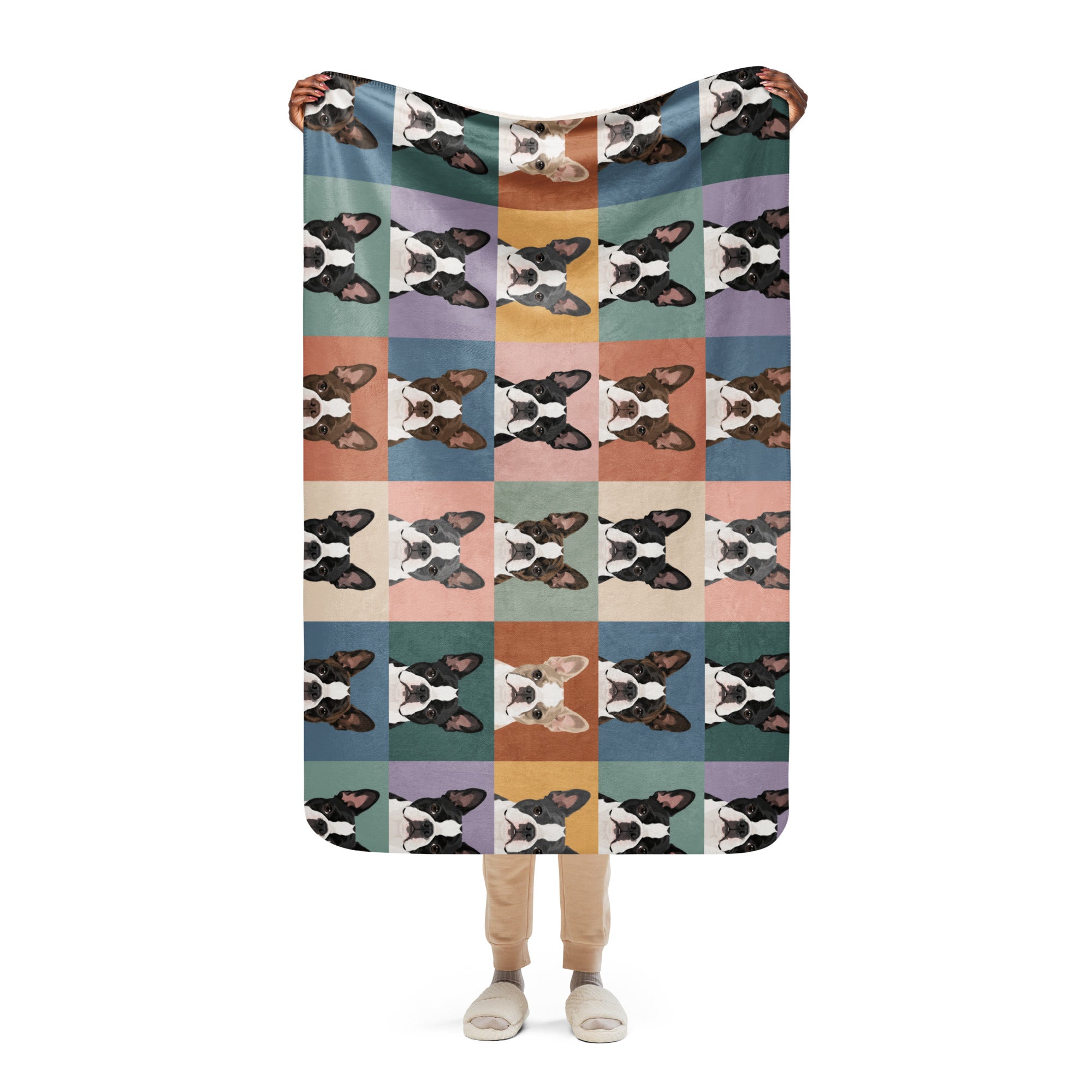 Pop Art Style Colored Boston Terriers Modern Tiles Pattern Sherpa Blanket .