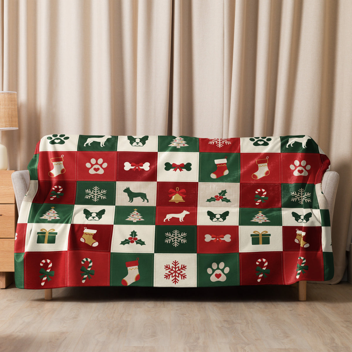 Boston Terrier Christmas Patchwork Sherpa Blanket