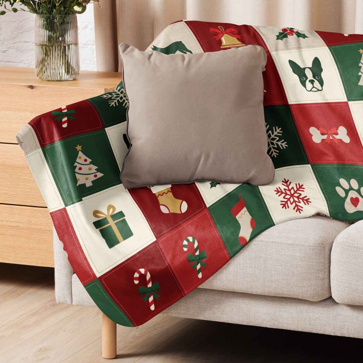 Boston Terrier Christmas Patchwork Sherpa Blanket