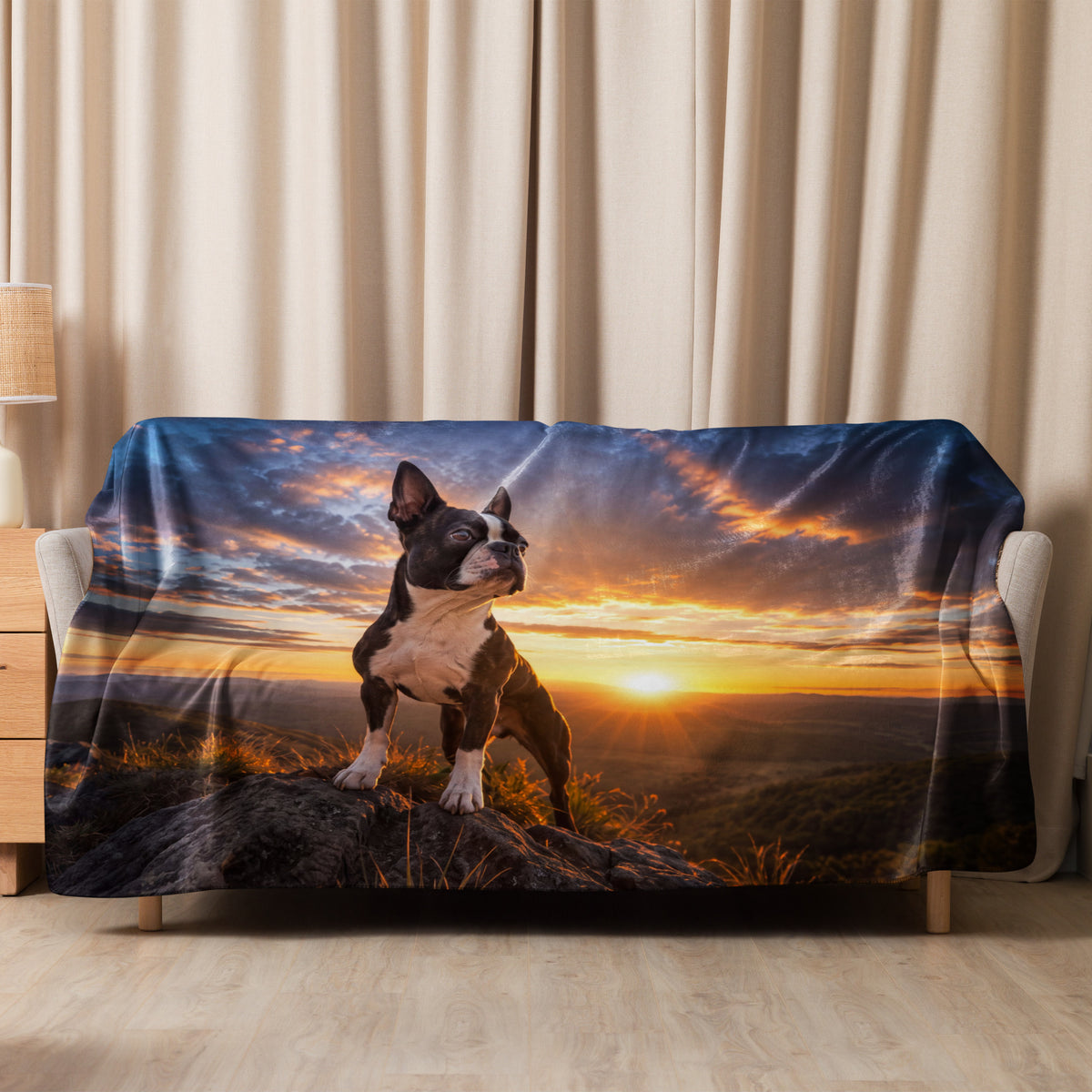 The Sunset Guardian - Boston Terrier - Sherpa Blanket