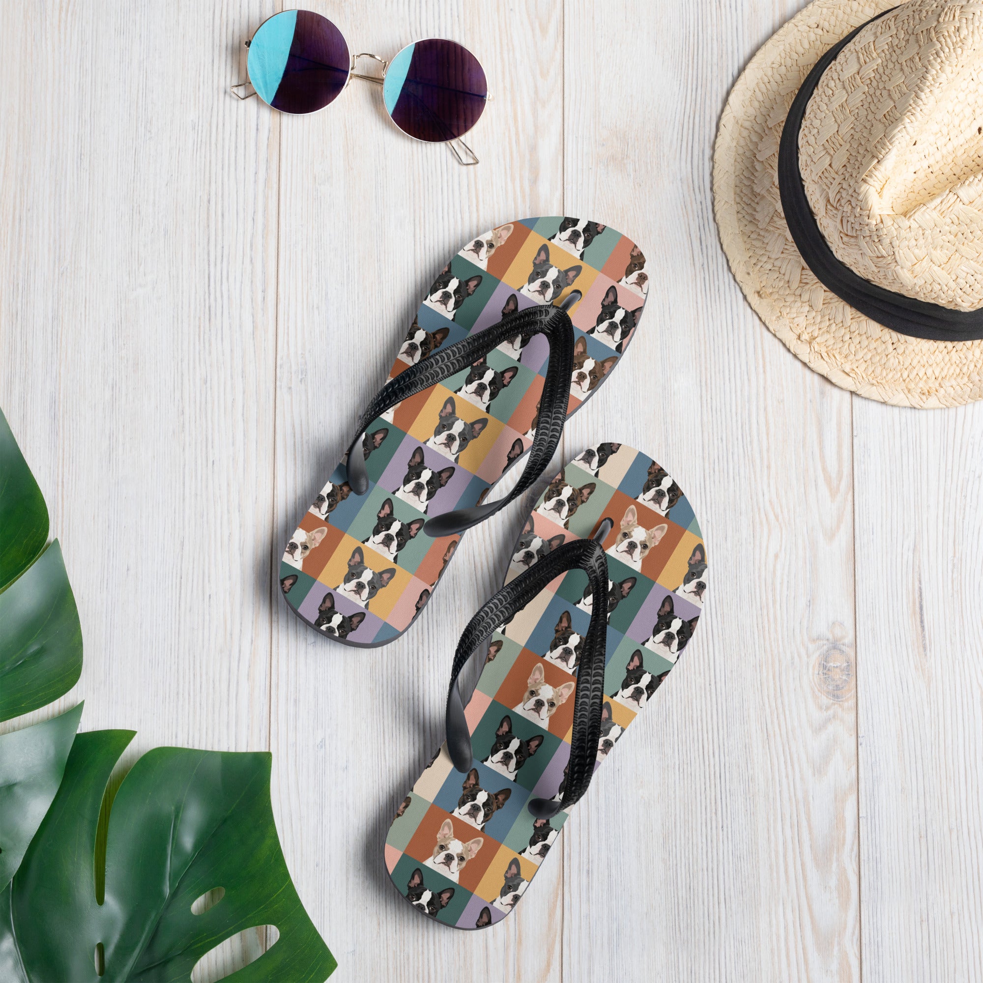 Pop Art Style Colored Boston Terriers Modern Tiles Pattern Unisex Flip Flops .