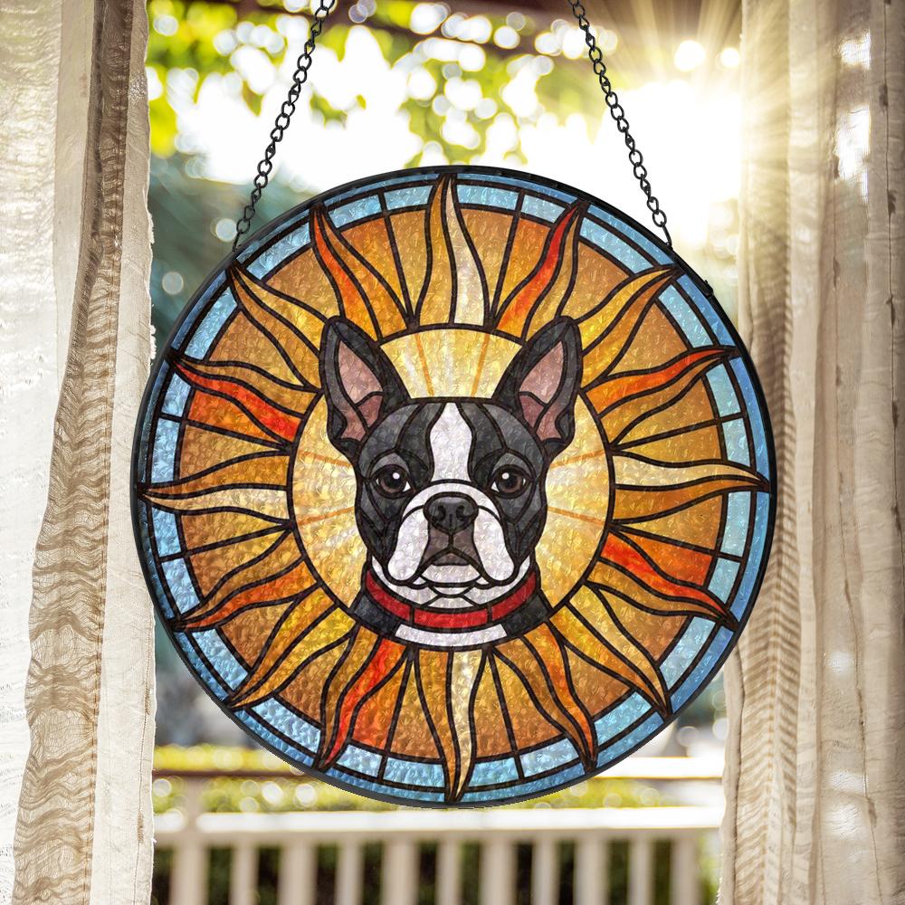 Sun And Sky Boston Terrier Dog Stained Glass Suncatcher for Window Hanging .