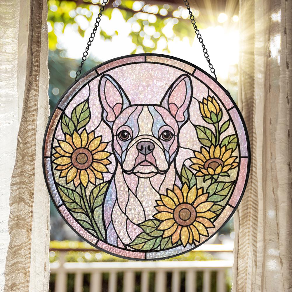Sunflower Boston Terrier Dog Stained Glass Suncatcher for Window Hanging .