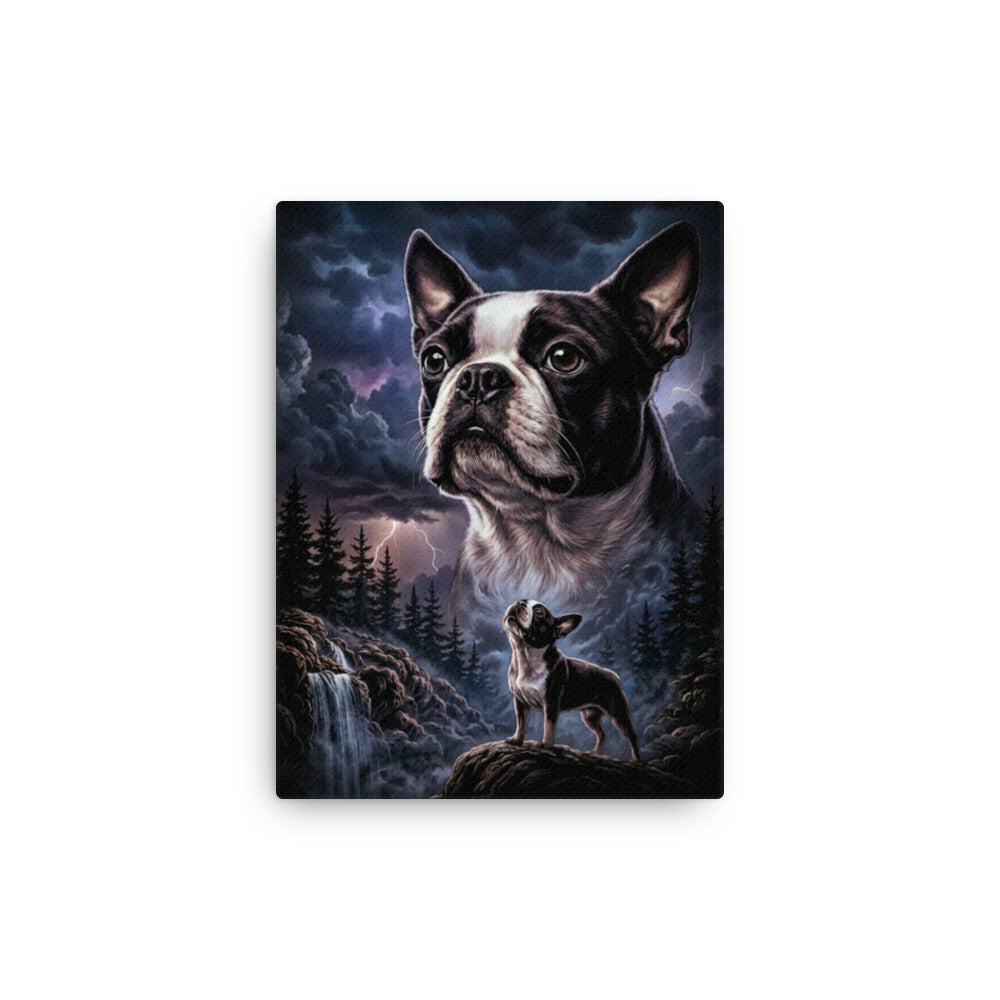 Storm Guardian – Majestic Boston Terrier Night Art Thin Canvas . 12″×16″