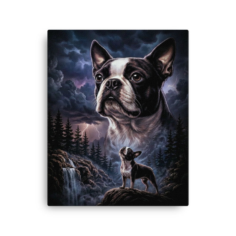 Storm Guardian – Majestic Boston Terrier Night Art Thin Canvas . 16″×20″