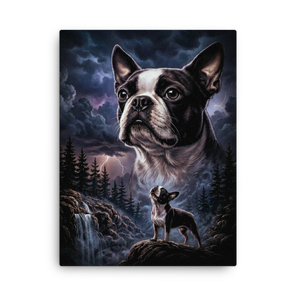 Storm Guardian – Majestic Boston Terrier Night Art Thin Canvas . 18″×24″