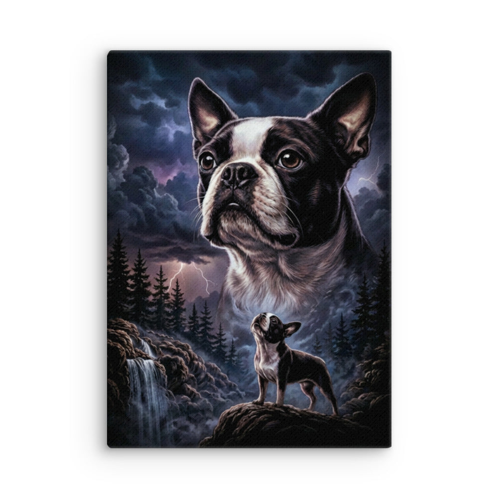 Storm Guardian – Majestic Boston Terrier Night Art Thin Canvas . 20″×28″
