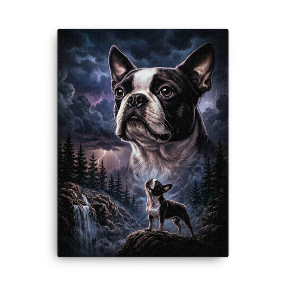 Storm Guardian – Majestic Boston Terrier Night Art Thin Canvas . 24″×32″