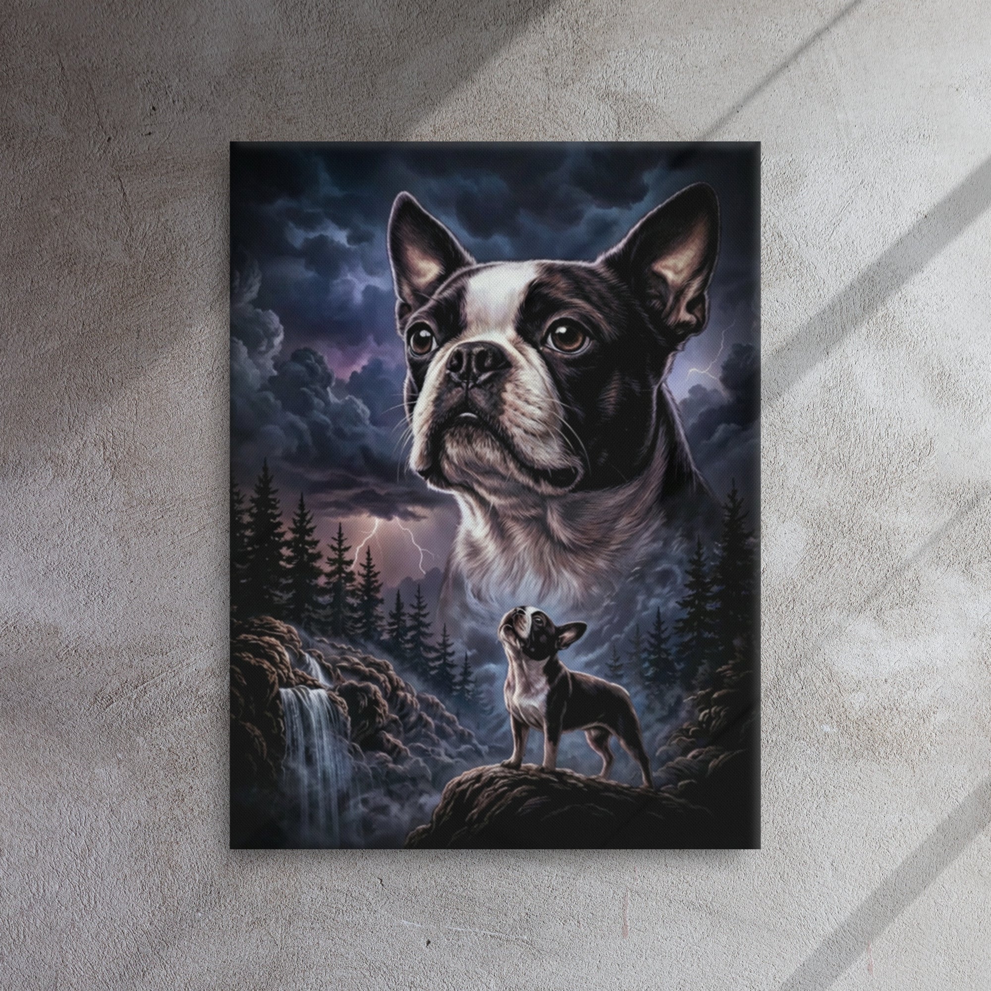 Storm Guardian – Majestic Boston Terrier Night Art Thin Canvas .