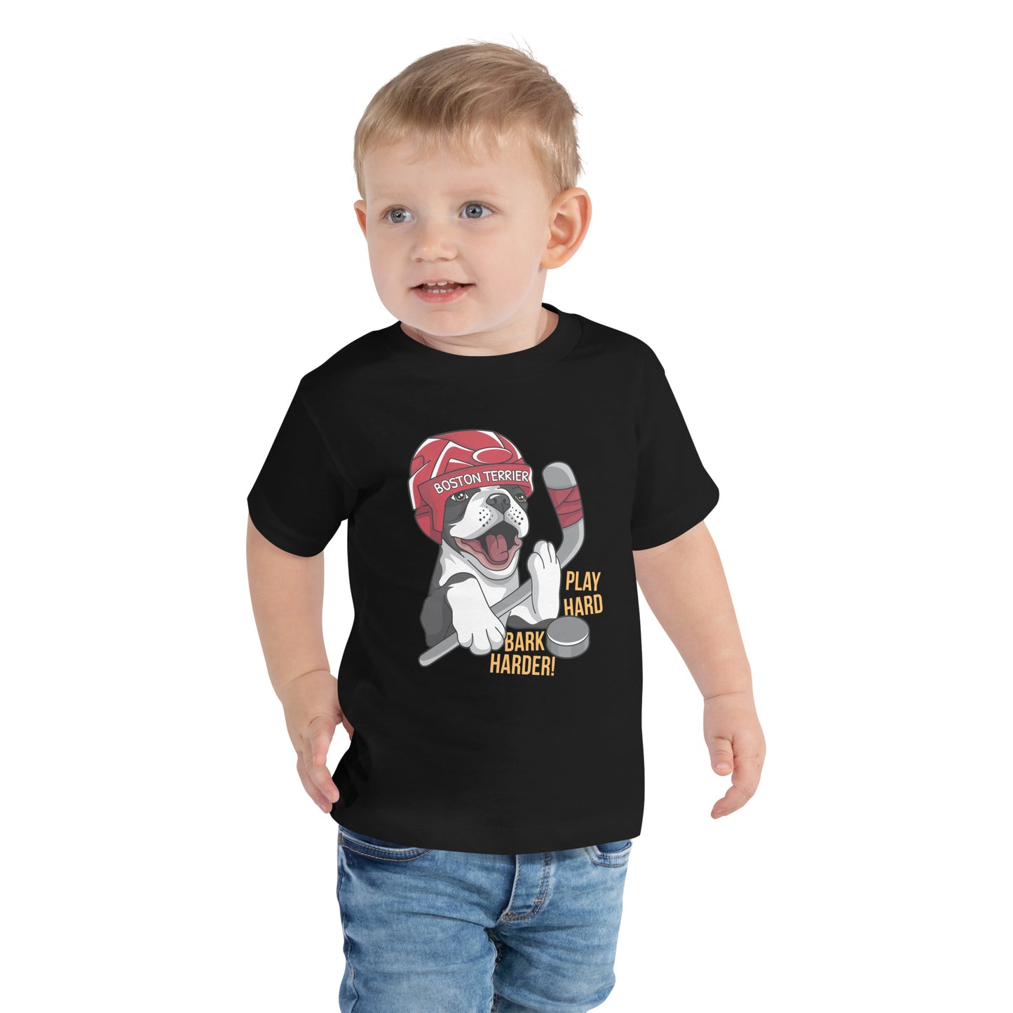 Hockey Boston Terrier Toddler T-Shirt - Play Hard Bark Harder