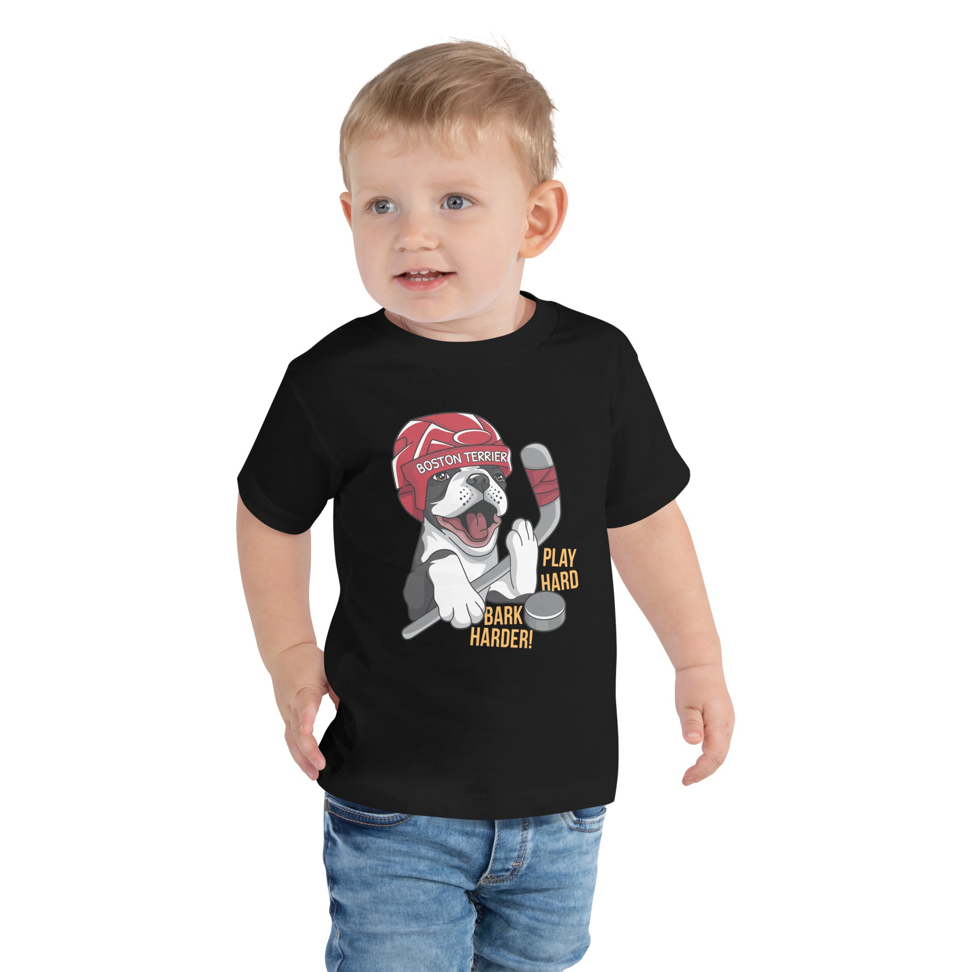 Hockey Boston Terrier Toddler T-Shirt - Play Hard Bark Harder