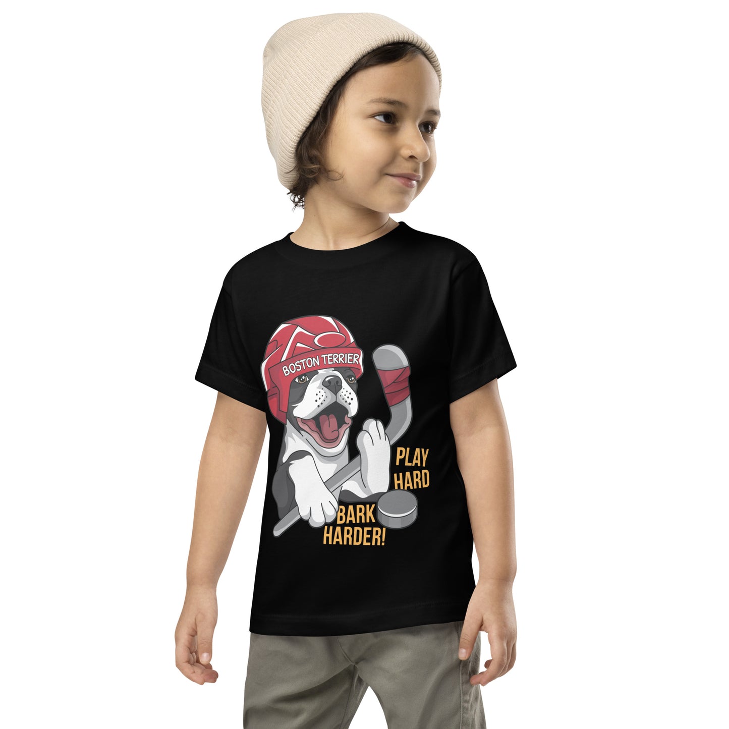 Hockey Boston Terrier Toddler T-Shirt - Play Hard Bark Harder