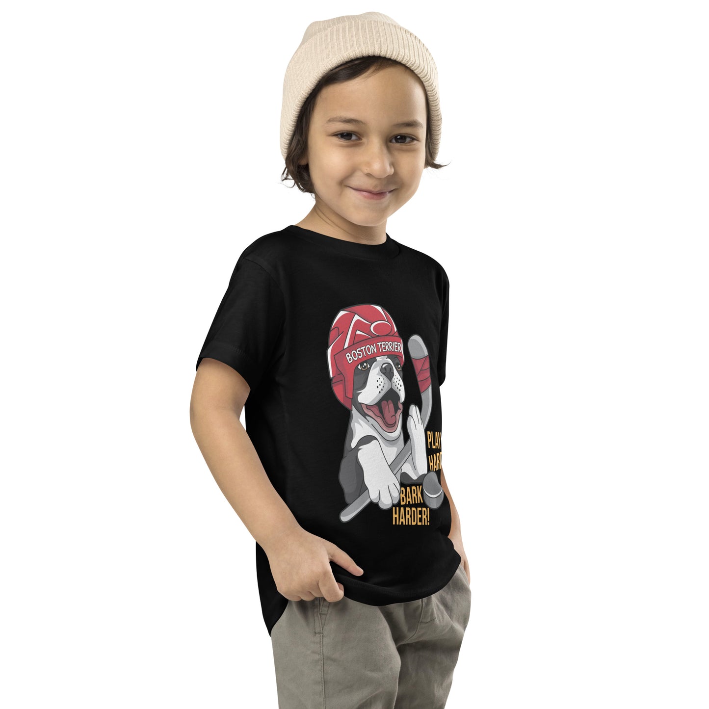 Hockey Boston Terrier Toddler T-Shirt - Play Hard Bark Harder