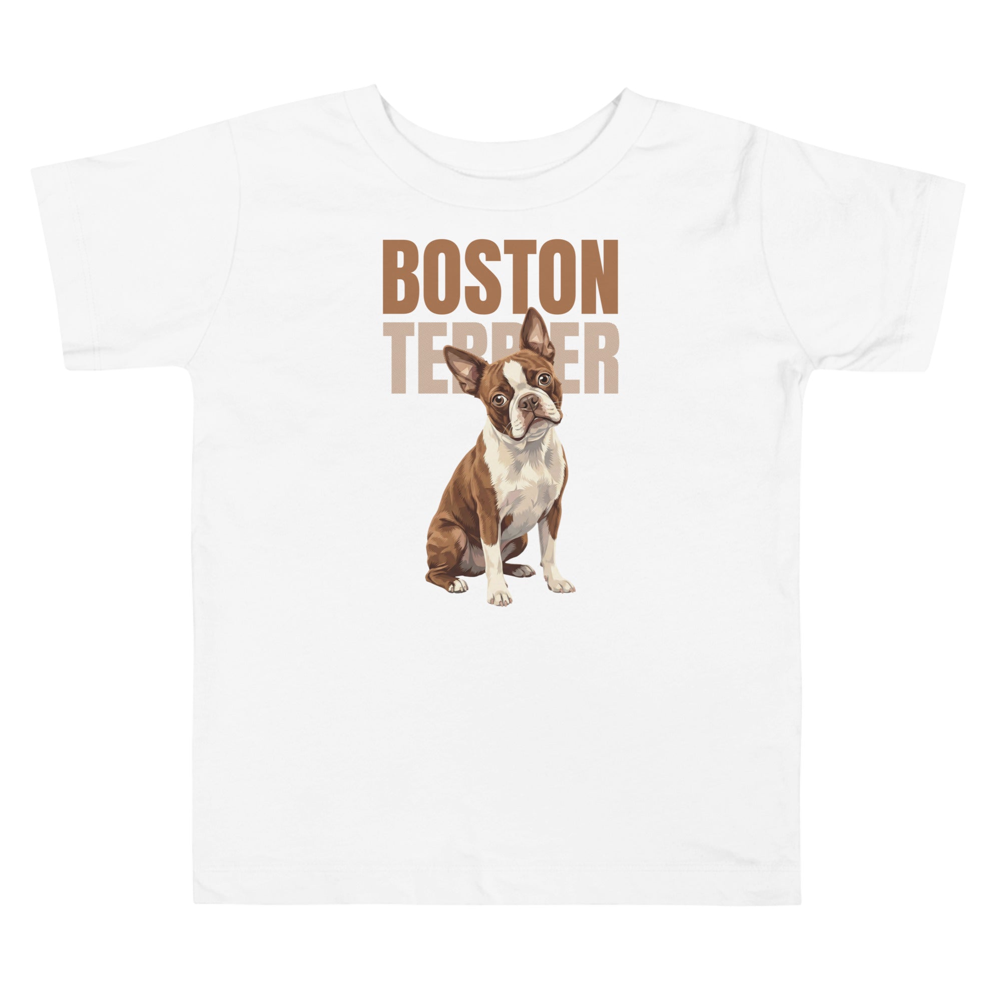 Brown Boston Terrier Dog Toddler Short Sleeve Tee . White