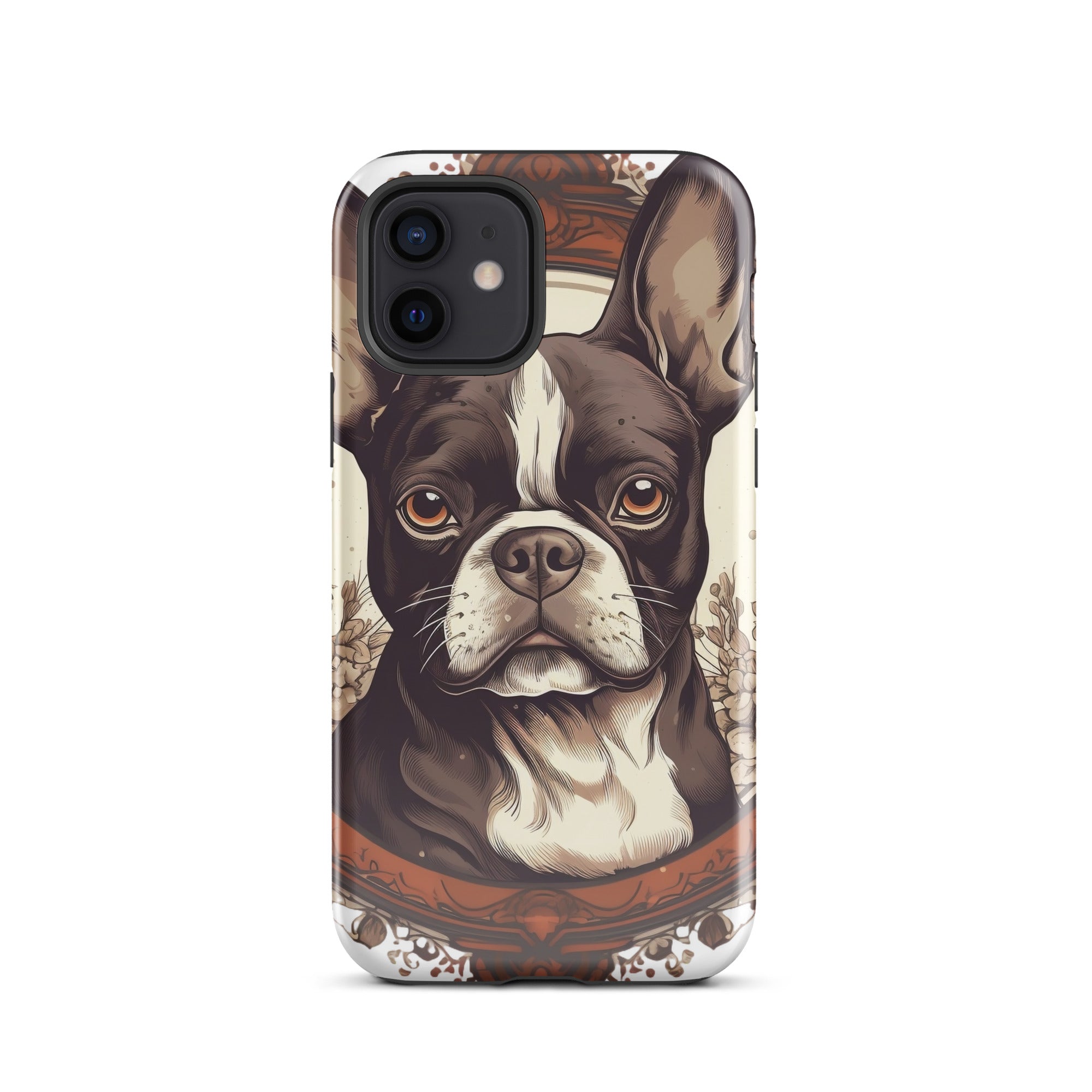 Vintage-Inspired Red Brown Boston Terrier Tough Case for iPhone . Glossy iPhone 12