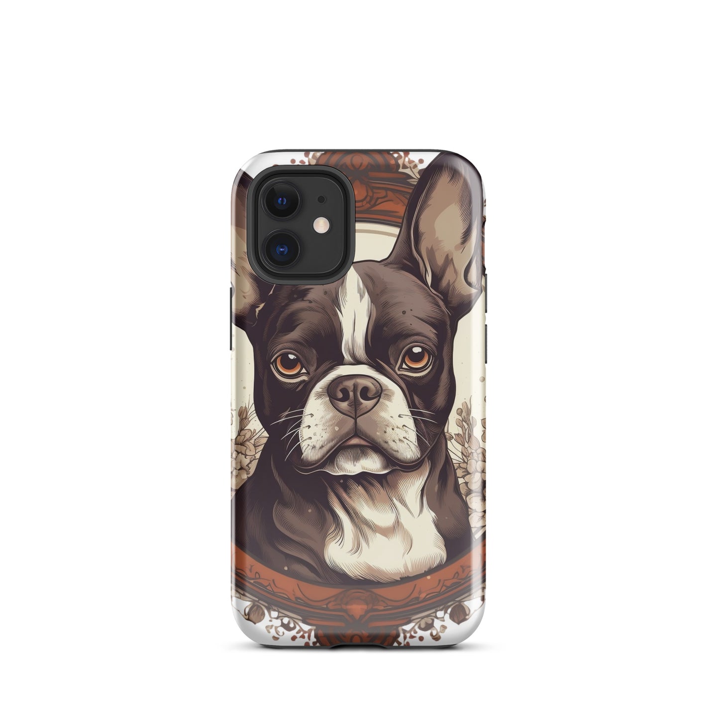 Vintage-Inspired Red Brown Boston Terrier Tough Case for iPhone . Glossy iPhone 12 mini