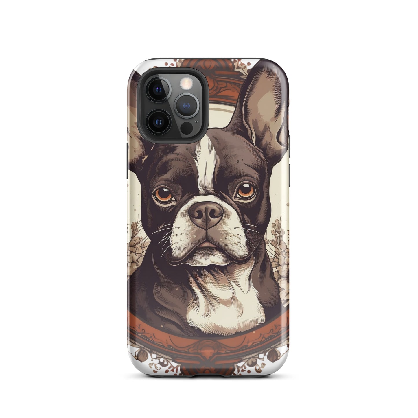 Vintage-Inspired Red Brown Boston Terrier Tough Case for iPhone . Glossy iPhone 12 Pro