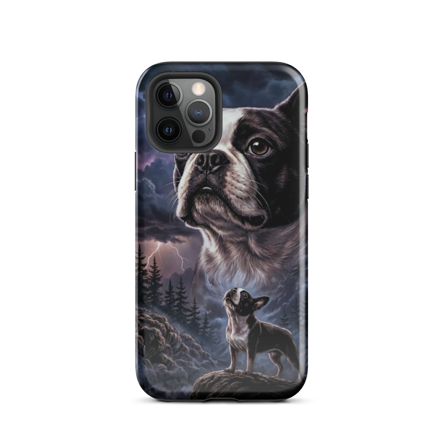Storm Guardian – Majestic Boston Terrier Night Art Tough Case for iPhone . Glossy iPhone 12 Pro