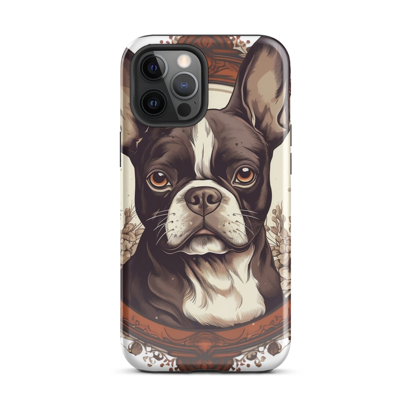 Vintage-Inspired Red Brown Boston Terrier Tough Case for iPhone . Glossy iPhone 12 Pro Max