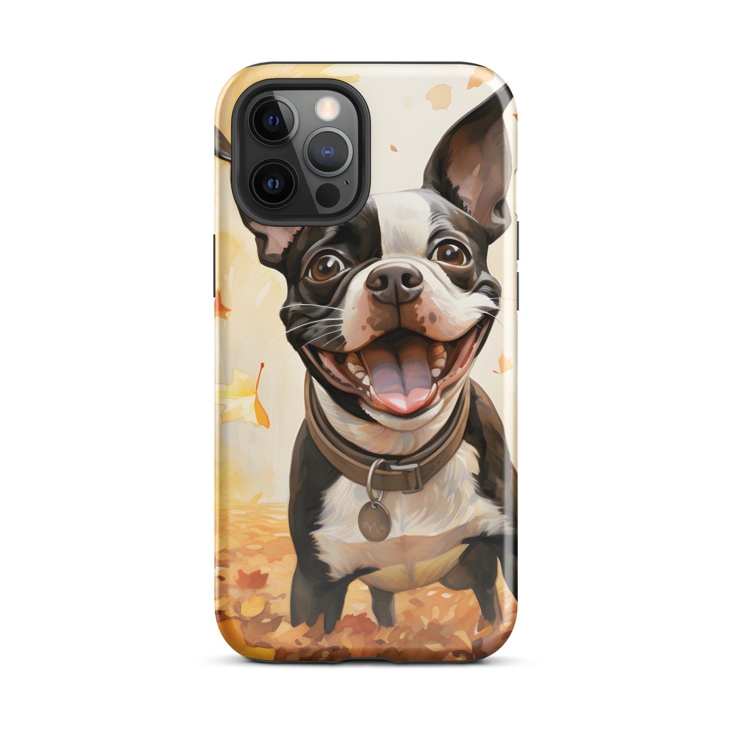 Cheerful Boston Terrier Dog Exploring A Park Watercolor Tough Case for iPhone . Glossy iPhone 12 Pro Max