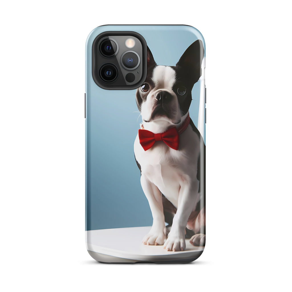 Dapper Boston Terrier in Red Bow Tie Seated on White Chair Tough Case for iPhone