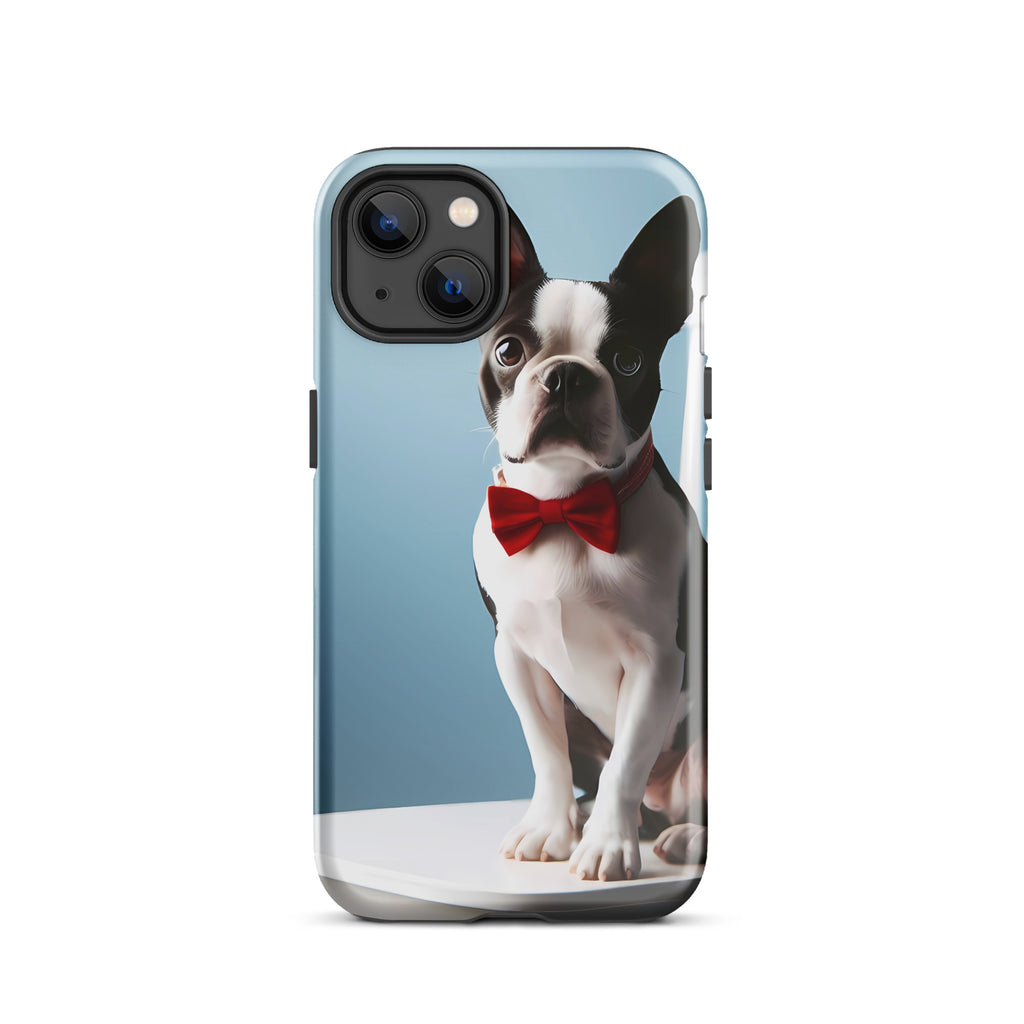 Dapper Boston Terrier in Red Bow Tie Seated on White Chair Tough Case for iPhone