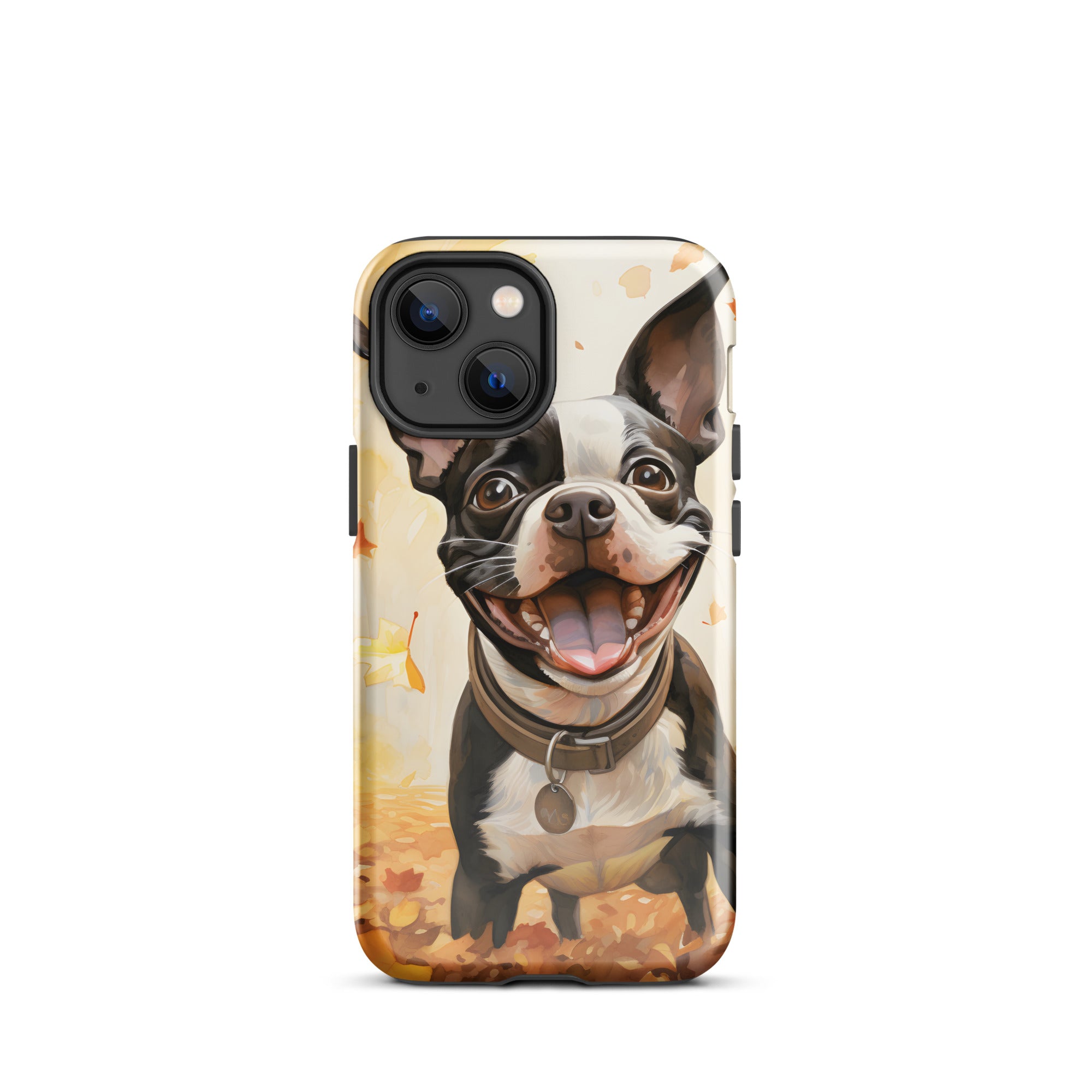 Cheerful Boston Terrier Dog Exploring A Park Watercolor Tough Case for iPhone . Glossy iPhone 13 mini