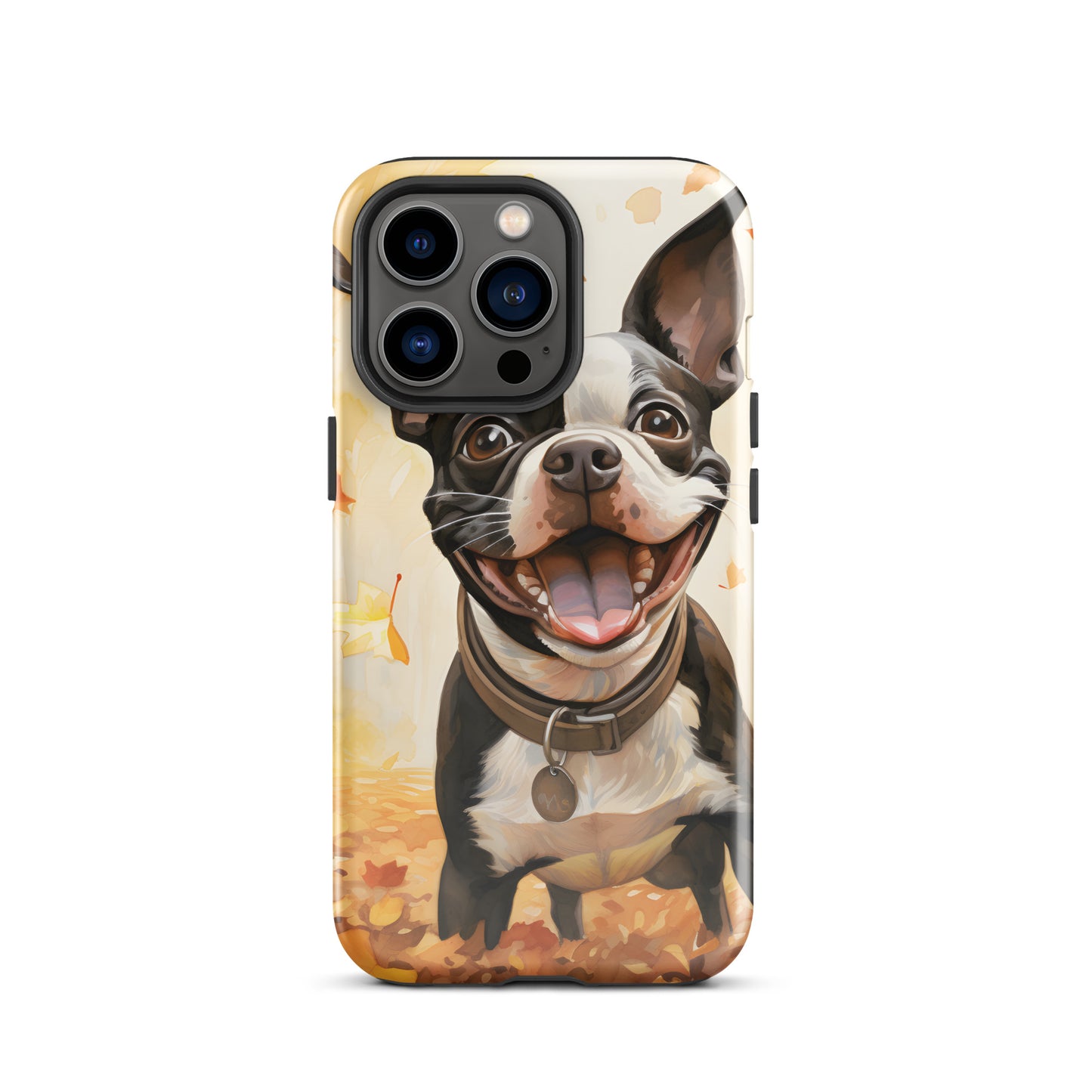 Cheerful Boston Terrier Dog Exploring A Park Watercolor Tough Case for iPhone . Glossy iPhone 13 Pro