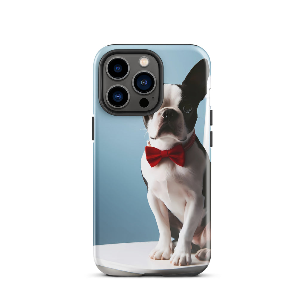 Dapper Boston Terrier in Red Bow Tie Seated on White Chair Tough Case for iPhone