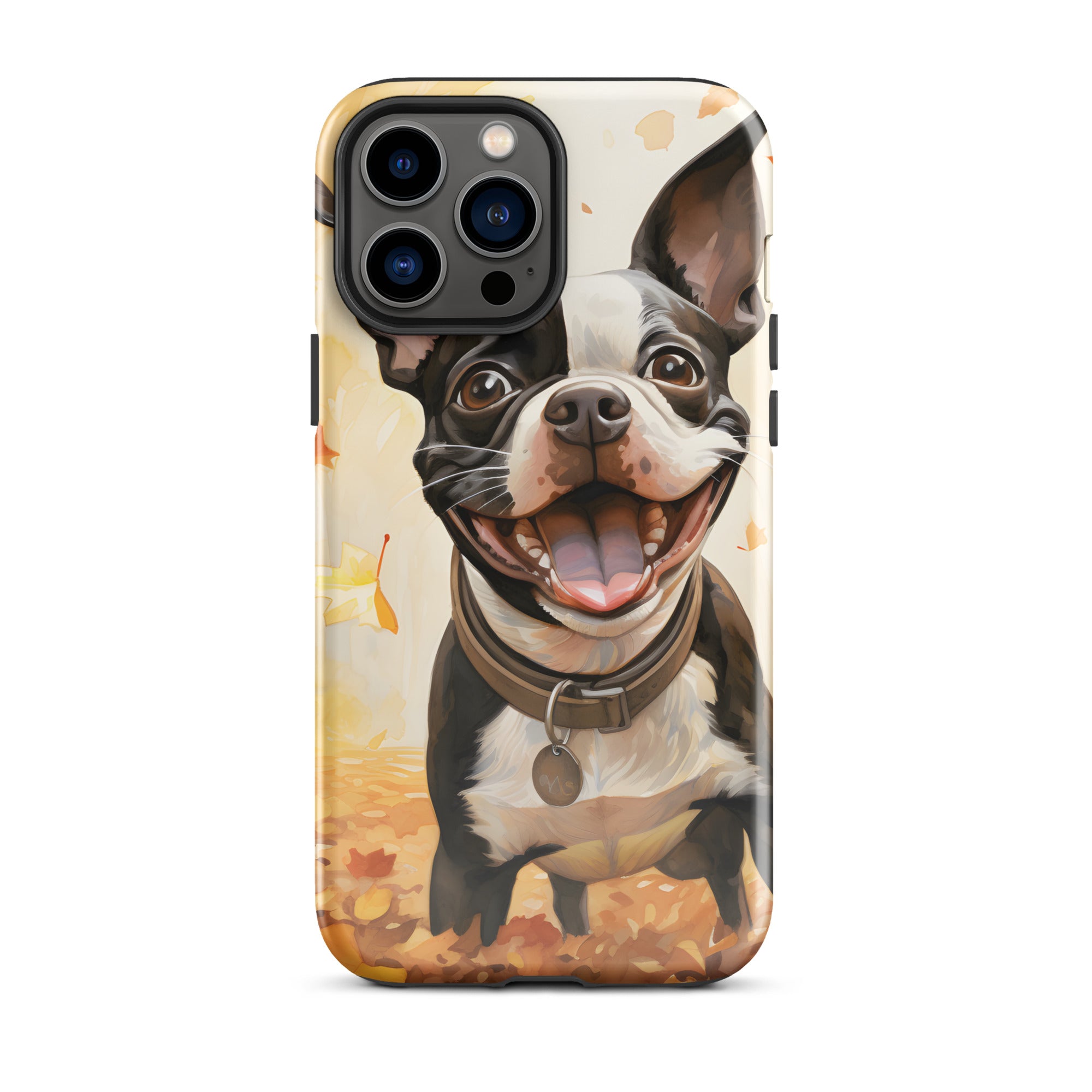 Cheerful Boston Terrier Dog Exploring A Park Watercolor Tough Case for iPhone . Glossy iPhone 13 Pro Max