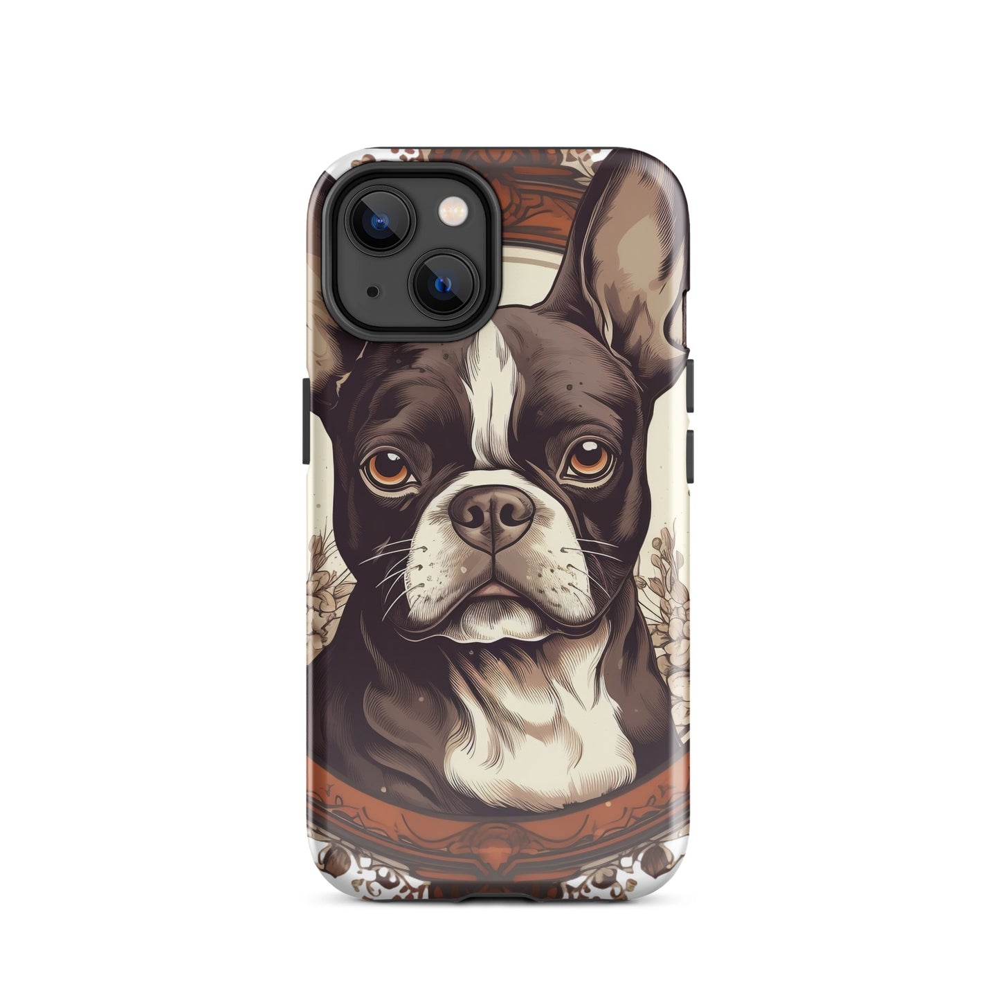 Vintage-Inspired Red Brown Boston Terrier Tough Case for iPhone . Glossy iPhone 14