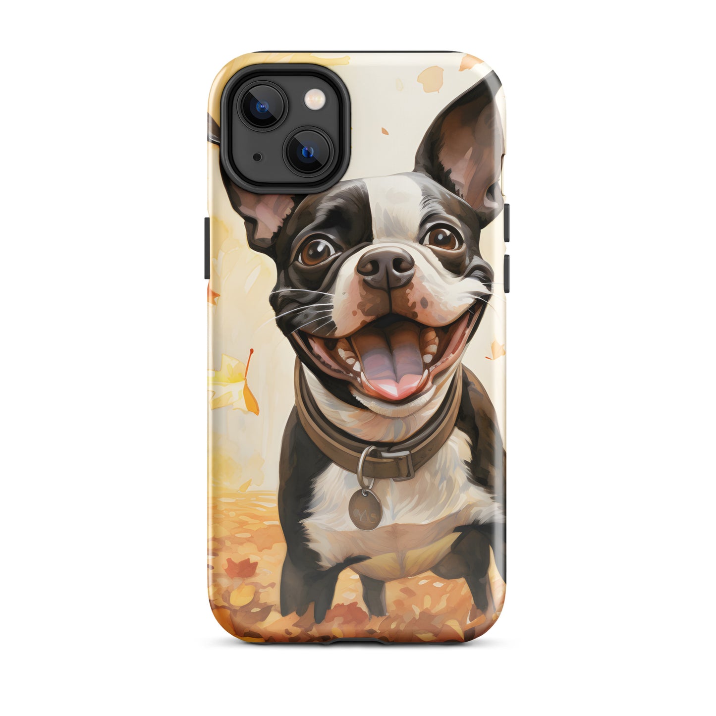Cheerful Boston Terrier Dog Exploring A Park Watercolor Tough Case for iPhone . Glossy iPhone 14 Plus