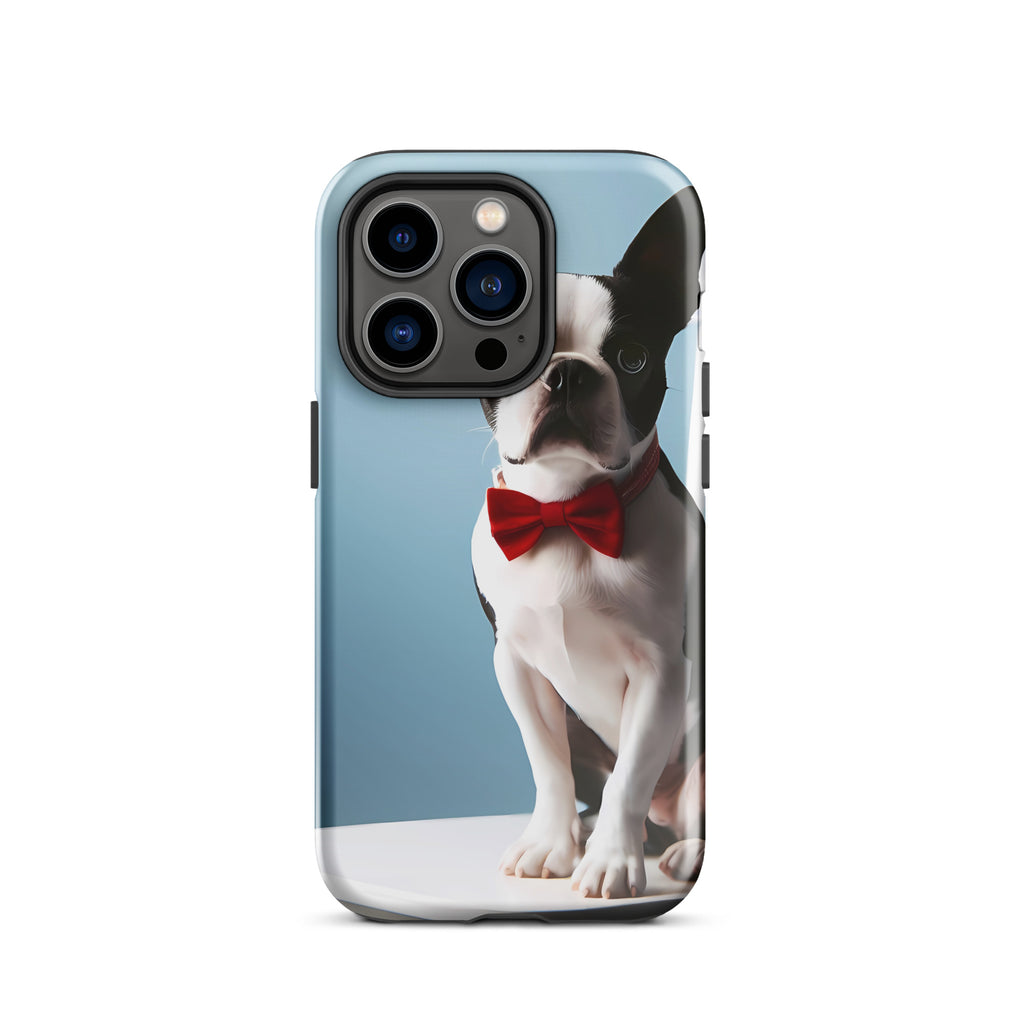 Dapper Boston Terrier in Red Bow Tie Seated on White Chair Tough Case for iPhone