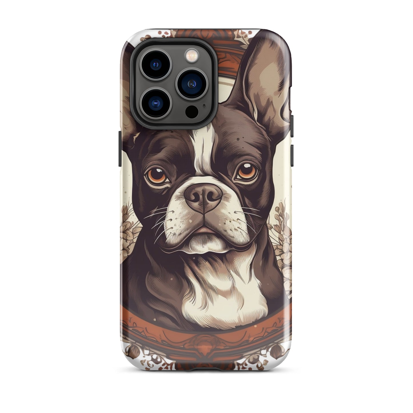 Vintage-Inspired Red Brown Boston Terrier Tough Case for iPhone . Glossy iPhone 14 Pro Max