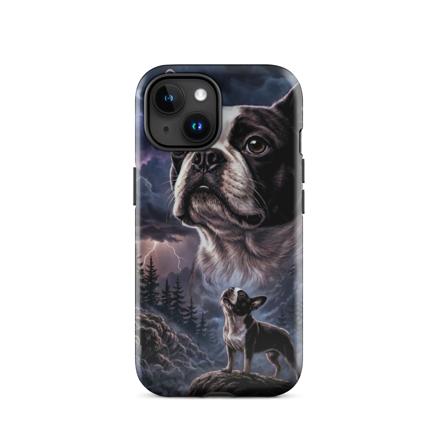 Storm Guardian – Majestic Boston Terrier Night Art Tough Case for iPhone . Glossy iPhone 15